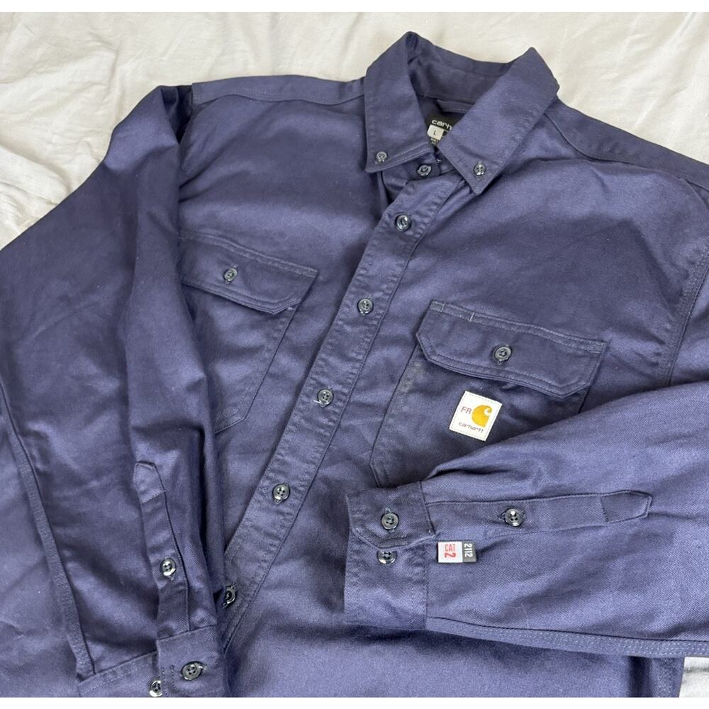Carhartt FR Twill Button Down Shirt Men’s L Navy Blue Loose Fit CAT 2 Workwear
